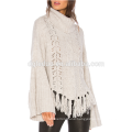 Latest design white bell sleeve tassel pullover sweater turtleneck sweater for women